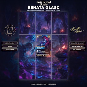 Könnte beinhalten: Ein digitaler Download mit Renata Glasc-Grafik vor einem dunklen, violetten Fantasy-Hintergrund. Das Layout enthält Textbeschriftungen wie Ari's Beyond Studio, Renata Glasc sowie technische Spezifikationen wie 300 DPI, A4, US Letter und 63x88 mm.