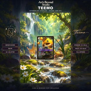 Könnte beinhalten: Ein digitaler Download mit einer Teemo-Charakterkarte, zentriert über einer üppigen Waldlandschaft mit Wasserfall, Felsen und weißen Blumen. Der Text enthält Ari's Beyond Studio, Teemo, Extended-Art Download, Origins, OGN 197a, 300 DPI, A4 + US Letter sowie Kartengrößen von 63 x 88 mm und 66 x 94 mm.