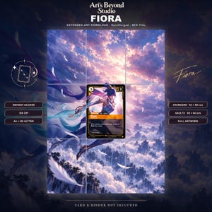 Könnte beinhalten: Ein digitaler Download einer Fiora-Charakterkarte mit einem Krieger in blauem Outfit, der durch einen mit Wolken und Federn gefüllten Himmel springt. Die Karte enthält Text, Statistiken und einen Berglandschaftshintergrund. Enthält Beschriftungen für 63 x 88 mm und 66 x 94 mm Größen.