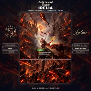 Könnte beinhalten: Ein digitaler Download mit dem Irelia Spiritforged Kartenmotiv. Das Bild zeigt eine zentrale Figur, umgeben von schwebenden Klingen vor einer feurigen, dunklen Landschaft mit einem roten Mond. Der Text umfasst Ari's Beyond Studio, Irelia, 300 DPI sowie Maße von 63 x 88 mm und 66 x 94 mm.