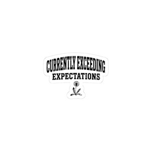 May include: A die-cut sticker featuring the black text CURRENTLY EXCEEDING EXPECTATIONS in a bold, distressed serif font. Below the text is a small, detailed black and white illustration of a dandelion flower with seeds blowing away.