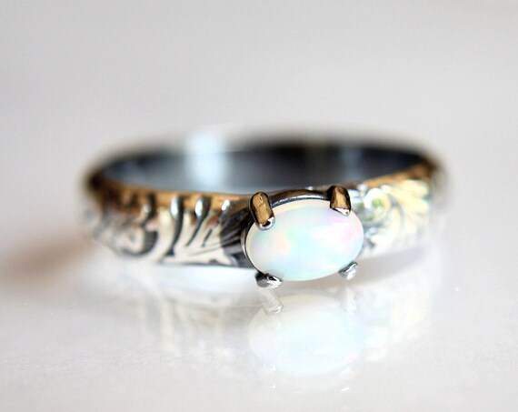 Floral Opal Ring, Floral Band Ring, Prong Setting Ring, Unique Design, Boho Ring, Oval Opal Ring, Moonstone Stacking Ring, Wide Band Ring