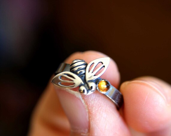 Bee Ring, Citrine Ring, Bumble Bee Ring, Honey Bee Rings, Gift, Gemstone Bee Ring, Silver Bee, Stacking Ring, Simple Ring, Minimalist, Gift