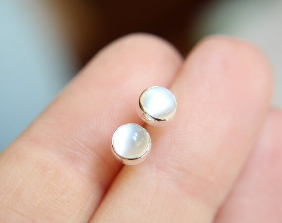 Moonstone Earrings, Stud Earrings, Silver Earrings, Simple White Moonstone Earrings, Gemstone Earrings, 5mm Moonstone Earrings, White, Gift