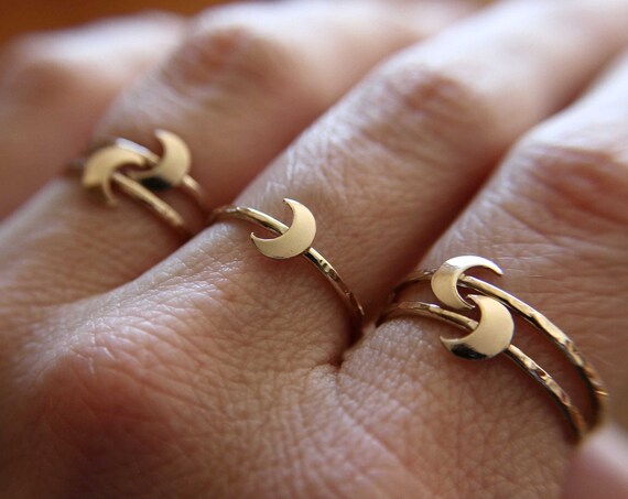 Gold Moon Ring, Textured Moon Rings, Gold Stacking Rings, Goldfill Moon Ring, Stacking Band Rings, Moon, Crescent Moon Ring, Simple, Chic