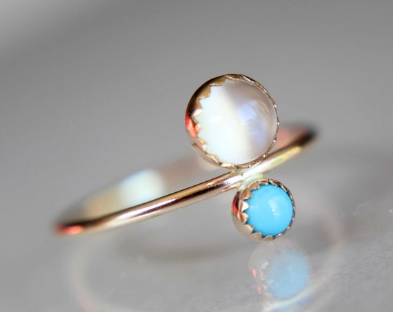Double Gemstone Ring, Moonstone Ring, Engagement Ring, Turquoise, Dual Gemstone Ring, Gemstone Stacking Ring, White, Moonstone, Gift