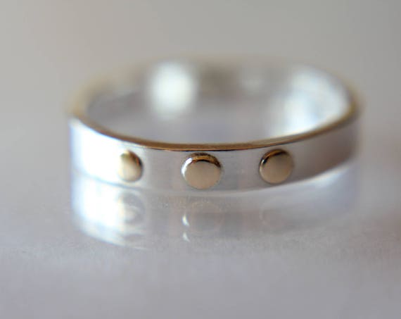 Modern Silver Band, Three Gold Dots, Simple Gold And Silver Ring, Modern Jewelry, Boho, Unique Jewelry, Everyday, Stacking Band, Solid Gold