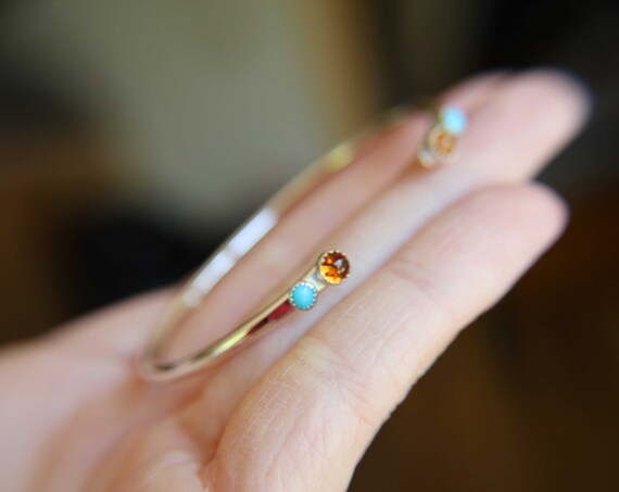 Double Gemstone Bracelet, Sterling Silver Bracelet, Amber Cuff Bracelet, Sterling Turquoise Jewelry, Amber and Turquoise Cuff, Boho, Gift
