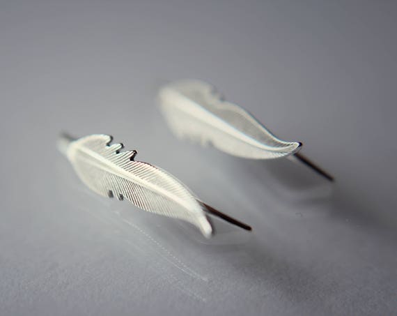 Sterling Silver Feather Ear Cuff, Silver Ear Climber, Silver Ear Cuff, Silver Feather Studs, Silver Climbing Earrings, Minimal Earrings