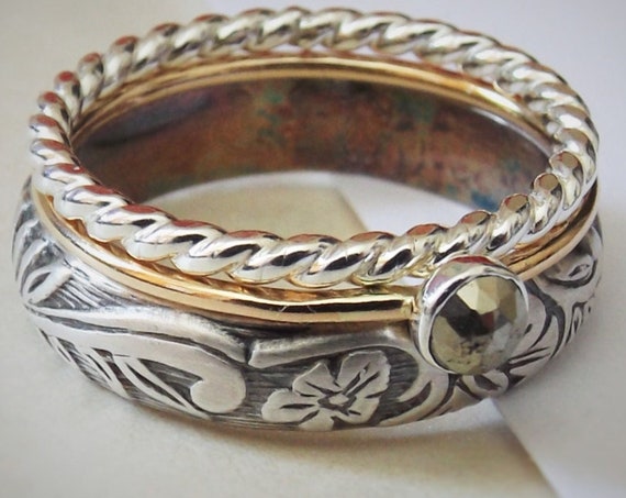 Pyrite Ring Set, Gemstone Ring, Bohemian Ring, Vintage Inspired Ring Set, Pyrite, Gold Ring Set, Faceted Pyrite Ring, Unique, Twisted Band