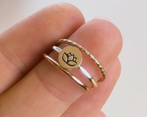 Lotus Ring Set, Lotus Rings, Sterling Silver Stack Rings, Rose Gold Filled Stack Ring, Textured Rings, Lotus Flower, Boho Chic, Modern