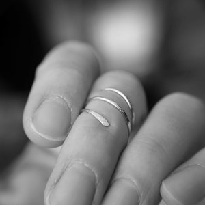 May include: A close-up of a person's hand wearing two thin silver rings on their finger.