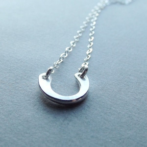 May include: A silver horseshoe pendant necklace. The horseshoe is a simple design with a smooth, polished finish.
