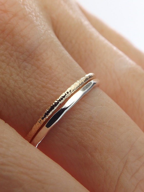 Simple Stacking Set,Mixed Metals Ring Set,Textured Rings,Faceted Ring,Boho Ring Set,Stacking Rings,Boho Chic,Yellow Gold filled and Sterling