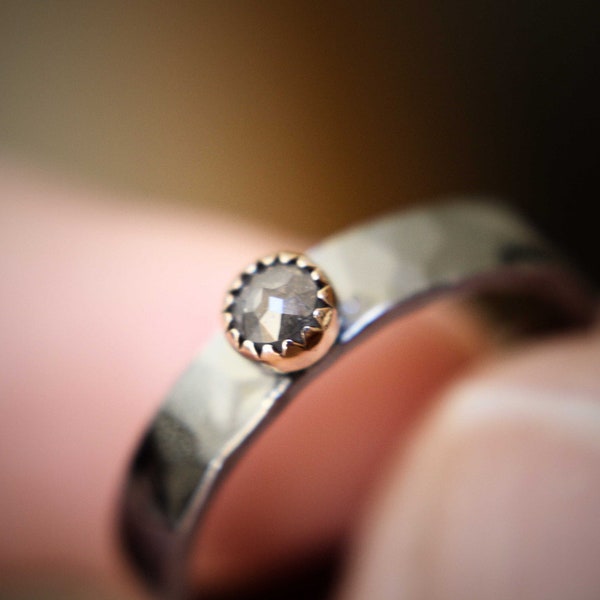 Rose Cut Diamond Ring, Genuine Diamond Ring, Gray Diamond, Minimalist Ring, Rough Diamond Ring, Diamond Ring, Gold Diamond Ring, Gift