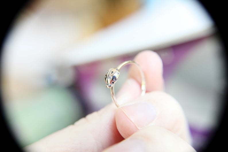 K&ouml;nnte beinhalten: Ein silberner Ring mit einem Marienk&auml;fer-Design. Der Marienk&auml;fer hat schwarze Punkte und ist mit einem gl&auml;nzenden Finish versehen.