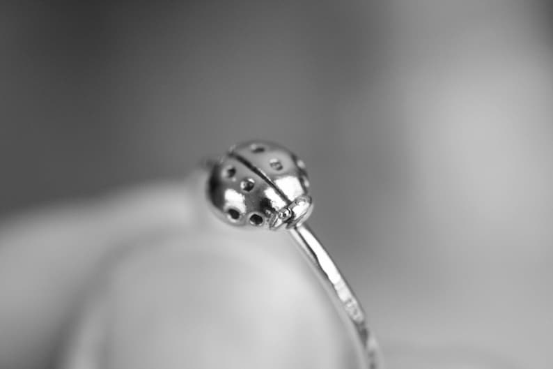 K&ouml;nnte beinhalten: Ein silberner Ring mit einem Marienk&auml;fer-Design. Der Marienk&auml;fer ist mit Punkten verziert und hat eine gl&auml;nzende Oberfl&auml;che.