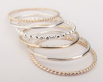 Silver and Gold Stacking Set,6 Ring Set,Stacking Rings,Set,Multi Texture Ring Set,Textured Rings,Stacking Rings Set,Gold Rings,Silver Rings