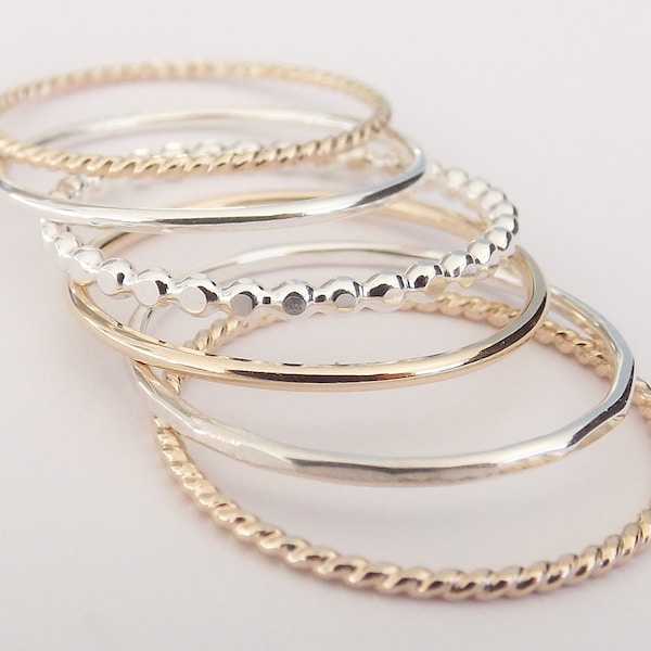 Silver and Gold Stacking Set,6 Ring Set,Stacking Rings,Set,Multi Texture Ring Set,Textured Rings,Stacking Rings Set,Gold Rings,Silver Rings