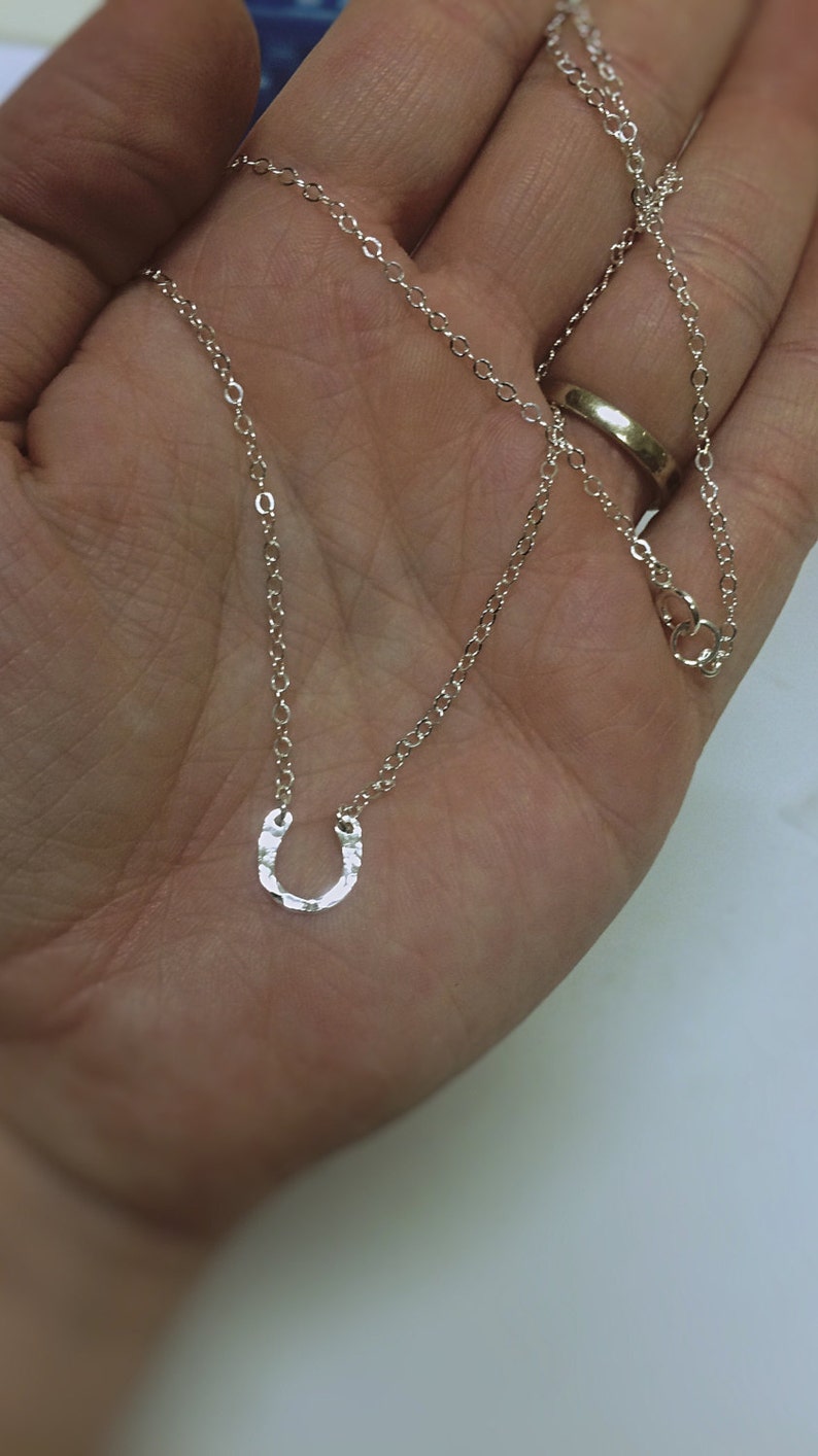 May include: A silver horseshoe pendant necklace with a delicate chain. The horseshoe is textured and has a hammered finish.