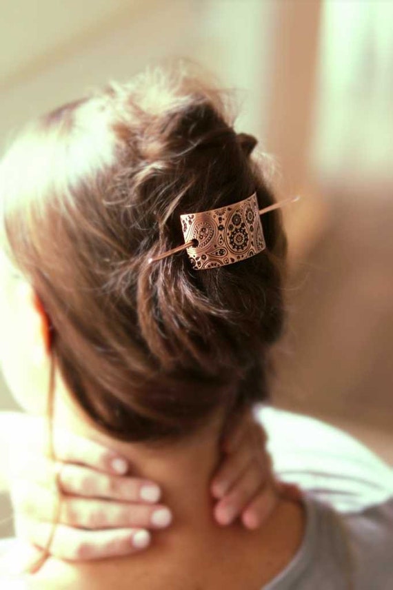 Hair Slider Set, Bun Holder, Textured Hair Slide, Hair Pin, Pattern Hair Pin, Minimalist Hair Fork Pin, Hair Cuff, Hair Accessories, Paisley
