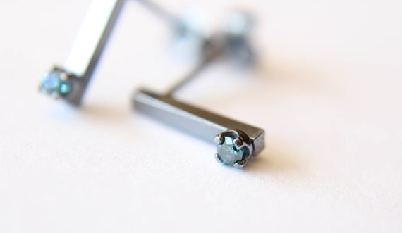 Diamond Line Earrings, Bar Earrings, Silver Bar Earrings, Blue Diamond Earrings, Line Earrings, Modern Chic, Dash Studs, Simple Bold Earring