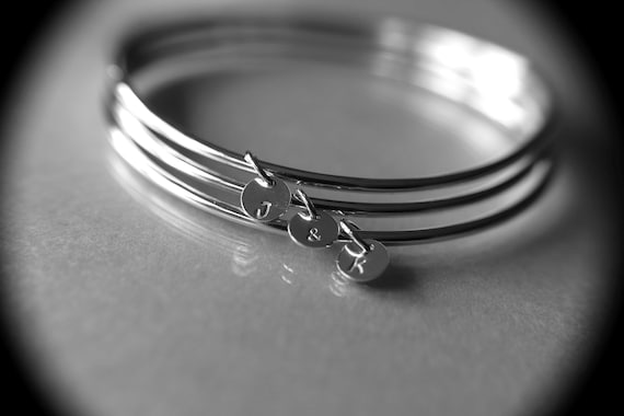 Personalized Bangle, Custom initial charm bracelet, sterling silver bangle, Silver initial bangles, Bridesmaids gift, Stacking Bangle, Gift