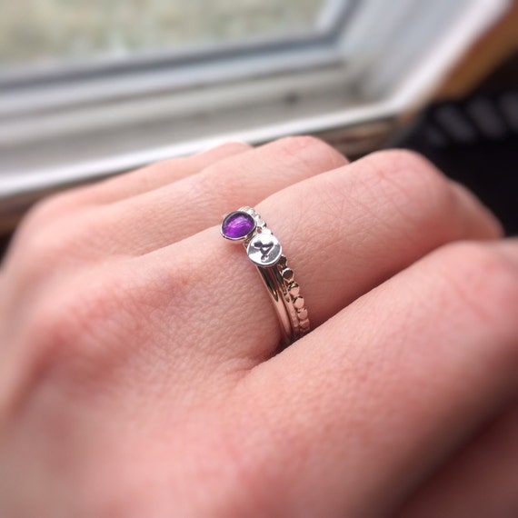 Initial & Gemstone Ring Set, Initial Rings, Simple Ring Set, Letter Ring Set, Natural Stone Rings, Monogram Rings, Stacking Ring, Gift
