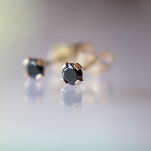 Genuine BLACK DIAMOND Earring Studs, Post 14k Solid Gold, Lobe Cartilage Helix Tragus, Tiny Black Diamond Earrings, Gift, Black Gemstone