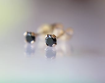 Genuine BLACK DIAMOND Earring Studs, Post 14k Solid Gold, Lobe Cartilage Helix Tragus, Tiny Black Diamond Earrings, Gift, Black Gemstone