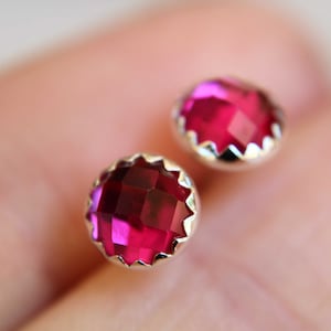 Ruby Earrings, Silver Studs, Checkerboard Ruby Earrings, Ruby Studs, Simple Earrings, Birthstone Earrings, Pink, Gemstone Earrings, Gift