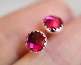 Ruby Earrings, Silver Studs, Checkerboard Ruby Earrings, Ruby Studs, Simple Earrings, Birthstone Earrings, Pink, Gemstone Earrings, Gift