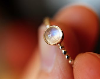 Rainbow Moonstone Ring, Beaded Ring, Beaded Moonstone Ring, Gold and Silver Ring, Moonstone Stacking Ring, 14Kt Gold and Sterling Silver