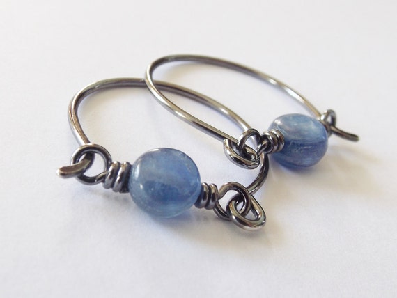 Kyanite Hoop Earrings, Oxidized Sterling Silver, Wide Hoop Earrings, Kyanite Jewelry, Unique Earrings, Kyanite, Modern Hoop Earrings
