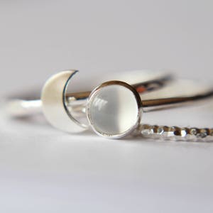 Moon Ring Set,Modern Stacking Set,Contemporary Moonstone Stacking Set,Crescent Moon Ring Set,Textured Rings,Silver Ring Set, White Moonstone