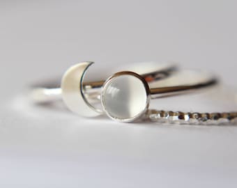 Moon Ring Set,Modern Stacking Set,Contemporary Moonstone Stacking Set,Crescent Moon Ring Set,Textured Rings,Silver Ring Set, White Moonstone