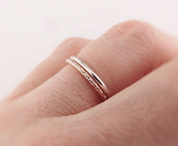 Simple Stacking Set, Mixed Metals Ring Set, Textured Rings, Faceted Ring, Boho Ring Set, Stacking Rings, Boho Chic, Goldfilled and Sterling