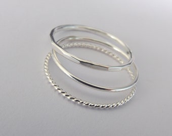 Conjunto de anillos de apilamiento de plata, conjunto de anillos texturizados, anillos texturizados, anillo facetado, conjunto de anillos boho, anillos de apilamiento, boho chic, anillos con cuentas, textura múltiple