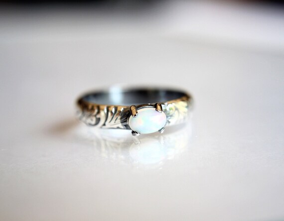 Floral Opal Ring, Floral Band Ring, Prong Setting Ring, Unique Design, Boho Ring, Oval Opal Ring, Moonstone Stacking Ring, Wide Band Ring