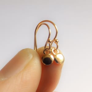 May include: A pair of gold-toned earrings with small round disc charms hanging from the hooks.