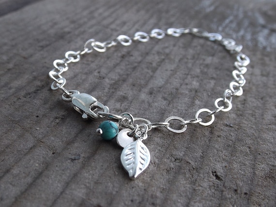 Initial Bracelet, Leaf Bracelet, Turquoise Bracelet, Boho Chic Bracelet, Personalized Bracelet, Layer Bracelet, Stacking Bracelet, Minimal