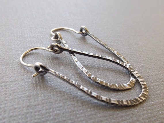 Modern Notched Hoop Earrings, Sterling Silver Earrings, Hoop Earrings, Minimalist Earrings, Dangle Earrings, Long Oxidized Hoop Earrings