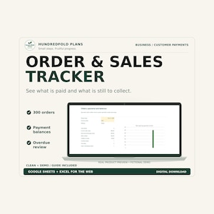 May include: An order and sales tracker digital template for Google Sheets and Excel for the Web. The interface displays a laptop screen showing a dashboard with order data, payment balances, and overdue reviews, featuring dark green and black text.