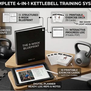 Può includere: Un sistema di allenamento kettlebell 4-in-1 che include un libro nero intitolato The 6-Week Blueprint, un mazzo di 10 schede di esercizi stampabili, un registro dei progressi digitale su tablet con stilo e un kettlebell grigio da 12kg.