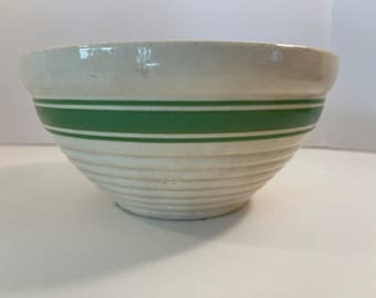 Vintage Hull Beehive Green Stripe Mixing Bowl 9 Inch Yellowware USA