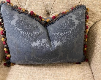 Blue Damask, Feather Filled, Lumbar Pillow.  16"x11". Ornate Pom Pom Fringe