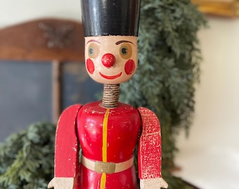 Vintage, Wooden Royal Guard.  Soldier Bobblehead Coin Bank.  Mid Century Christmas Decor