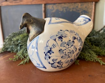 Vintage Blue White Floral Ceramic Bird Figurine, Metal Head.