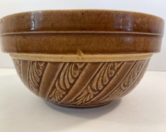 Vintage USA Stoneware Mixing Bowl. Brown Glaze Embossed Leaf Pattern. 8 Inch