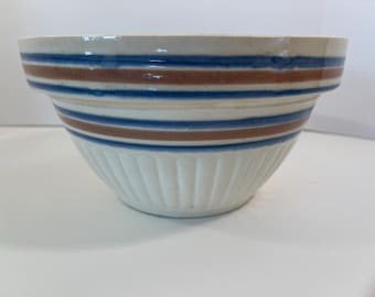 Antique Blue Pink Banded Stoneware Mixing Bowl 9.5 Inch Ribbed Farmhouse Pottery